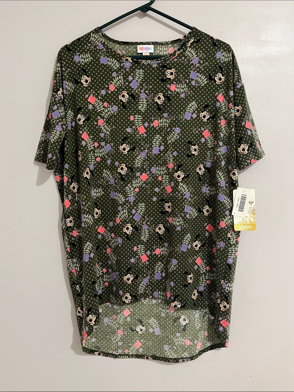 Women’s Olive Green Floral Print Short Sleeve Top Lularoe x Disney minnie mouse